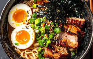 A top-down view of a homemade ramen bowl featuring soft-boiled eggs, sliced roast pork, and nori, demonstrating advanced healthy cooking techniques.
