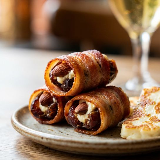 Stack of bacon-wrapped stuffed dates on a small plate with a glass of bubbly blurred behind and a browned slice of halloumi to the side.