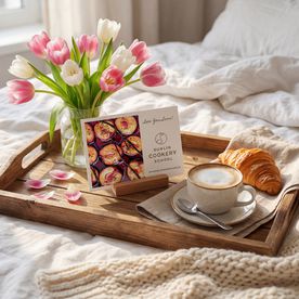 A Dublin Cookery School gift card displayed on a wooden breakfast tray alongside a cappuccino, fresh croissant, and a vase of pink and white tulips. The setting frames the voucher as a relaxation-focused or thoughtful gift experience.