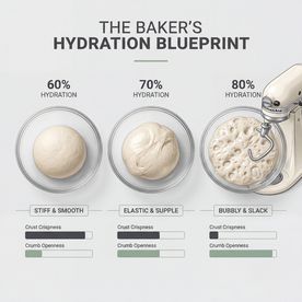 A technical baking infographic from Dublin Cookery School comparing 60%, 70%, and 80% pizza dough hydration levels with crust crispness and crumb openness metrics