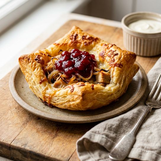 Preheat the oven to 220°C, 200°C fan, Gas 7. Place your baking tray in the oven for about 10 minutes for extra-crispy bases.  Dust the counter with a little flour and unroll the puff pastry sheets. Cut 10cm rounds (or mini rounds for nibbles).  Leaving a 1cm edge, prick each round with a fork to help create a flared edge and flatter base.  Place pastry rounds on baking parchment. Spread crème fraîche in the centre (stay inside the edge).  Top with sautéed bacon (optional), caramelised onions, sliced turkey, a drizzle of olive oil, seasoning, a spoon of cranberry sauce, then cheese.  Bake on the hot tray for 15–20 minutes until puffed and golden. If needed, increase heat by 20 degrees briefly to finish.  Serve immediately.