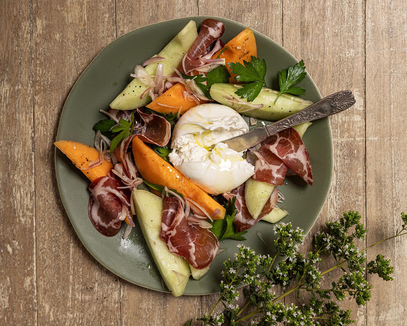 Recipe for Blistered Melon with Pears, Prosciutto & Burrata | Dublin Cookery School