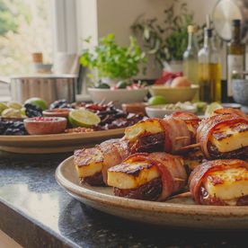 Crispy bacon-wrapped dates stuffed with halloumi cheese on a serving platter. A quick, inexpensive party canapé designed to feed a crowd for less.