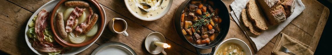 A overhead shot of a rustic farmhouse table laid with a full spread of traditional Irish dishes including brown soda bread, beef and Guinness stew in a cast iron pot, seafood chowder and Dublin coddle, lit by tallow candles and natural window light.