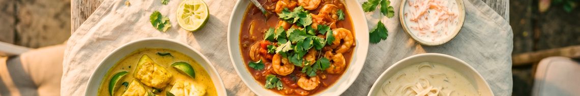 Summer curry dishes including fish curry and prawn curry with cold beer bottles on a linen-covered outdoor table — Summer Curries and Beer class at Dublin Cookery School Blackrock