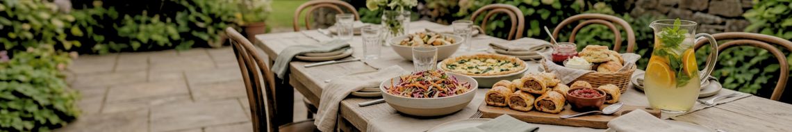 A summer garden party spread on an outdoor table at Dublin Cookery School in Blackrock: rainbow slaw, a spinach and feta tart, sausage rolls with tomato relish, and a jug of herb-and-citrus mocktail.