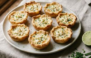 Eight mini crab and lime quiches with coconut cream on a pale ceramic plate — puff pastry edges golden and slightly irregular, topped with chopped chives, a halved lime beside. Dublin Cookery School recipe.
