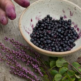 Raw ingredients for the traditional Irish Lúnasa meal arranged on a dark slate board — freshly dug new potatoes with soil still on their skins, a piece of bacon collar, a quartered white cabbage and a small bowl of dark fraughans, with a sprig of heather.