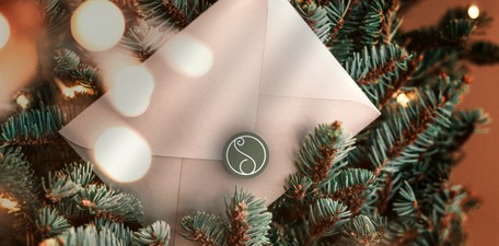 Luxury envelope with DCS gift voucher sits on a Christmas tree branch