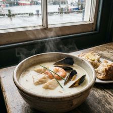 A steaming bowl of creamy Irish seafood chowder with mussels, prawns, white fish and chives in a handmade ceramic bowl, served beside a buttered soda bread roll on a harbour-side windowsill with fishing boats visible through rain-streaked glass behind it.