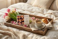 Dublin Cookery School Voucher displayed on a breakfast tray for a mum on mother's day with tulips, coffee and fresh pastry