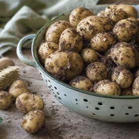 Freshly dug Irish new potatoes with soil still on their skins in a colander, the first-fruits ingredient traditionally eaten at Lúnasa