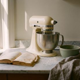 A cream KitchenAid Stand Mixer on a marble countertop beside an open, well-worn cookbook, a sage green mixing bowl, and a linen cloth, lit by natural window light.