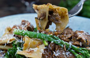 Fresh pappardelle with braised lamb and tenderstem broccoli