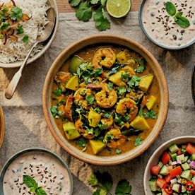 Prawn and green mango curry in a wide ceramic bowl with fresh coriander, served with fragrant basmati rice, raita with cumin seeds, and kachumber salad with cucumber and tomato