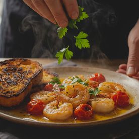 Sautéed prawns with garlic butter, blistered cherry tomatoes, and charred brioche being garnished with fresh parsley. A high-quality budget party recipe for entertaining a crowd.