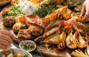 A shared barbecue feast on a wooden board — grilled meats, charred vegetables and prosciutto, with bowls of cherry tomatoes and dressings, as hands reach in to serve — Dublin Cookery School's Summer BBQ Feast.