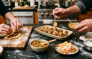 Two pairs of hands mid-prep on a floured kitchen worktop — one folding empanada dough around a meat filling on a wooden board, the other spooning peanut sauce over a tray of Thai pork meatballs. A bowl of Colombian aji salsa and pickled daikon and carrot strips in the foreground. World Street Food Evening class at Dublin Cookery School, Blackrock.